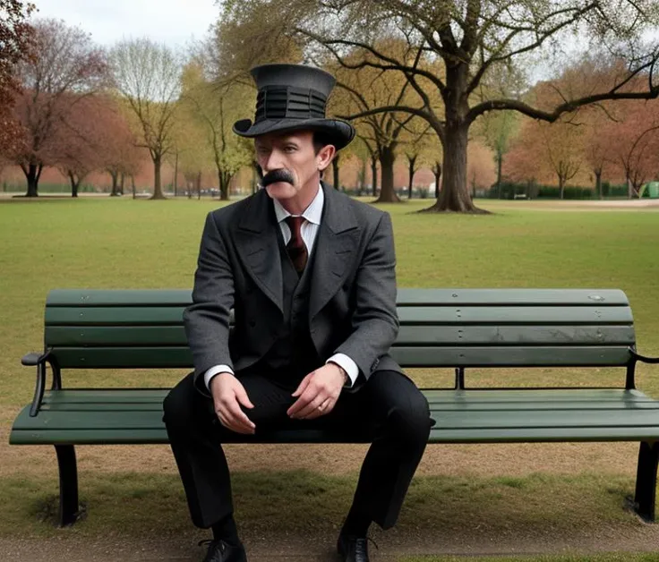 score_9, score_8_up, score_7_up,rating_safe,raw photo,cinematic shot,full body,HenchMann with a moustache wearing a trenchcoat and a tophat and sitting on a bench in the park, <lora:HenchMann15:0.9>