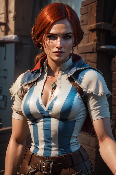 A portrait of Tr1ss wearing a blue and white striped top with a leather cape in front of a colorful background