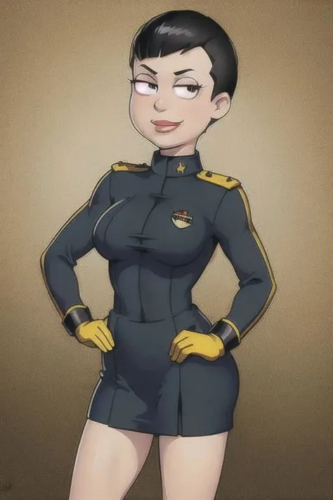 spiky bald hairstyle, short hair, mexican skin, gloves, uniform military, 1girl ,dark black hair, ((hair cut super short,)), soft Brown eyes, smile lips,