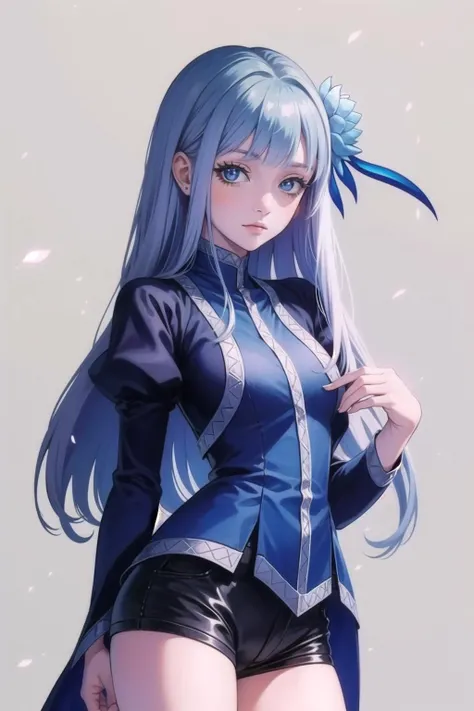 <lora:MabelLaybelleV1:0.9>, mabel, blue long hair, hair_flower, mabeldefault, blue dress, puffy sleeves, short shorts, looking at viewer, upper body