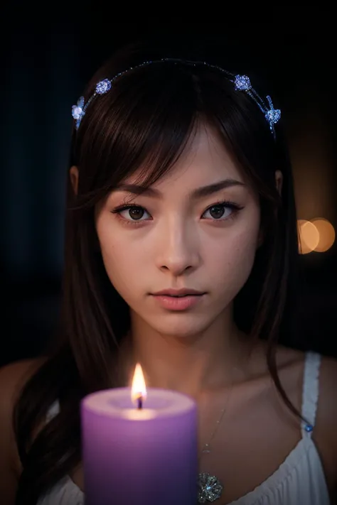 CINEMATIC SHOT (35mm, F/2.8) DV_Sakura_Vicious slim and skinny  (blue) dark bedroom with candles
((Photo Focus, DOF, Aperture, Cinematic Color grading) (lens flares, heresy flares)