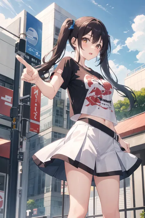 1girl, casual clothes, t-shirt, skirt, twintails, long hair, short sleeves, standing, pointing, outdoors