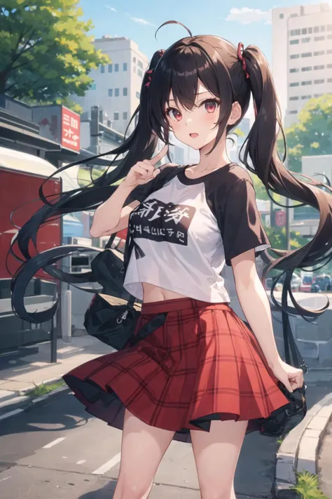 1girl, casual clothes, t-shirt, skirt, twintails, long hair, short sleeves, standing, pointing, outdoors