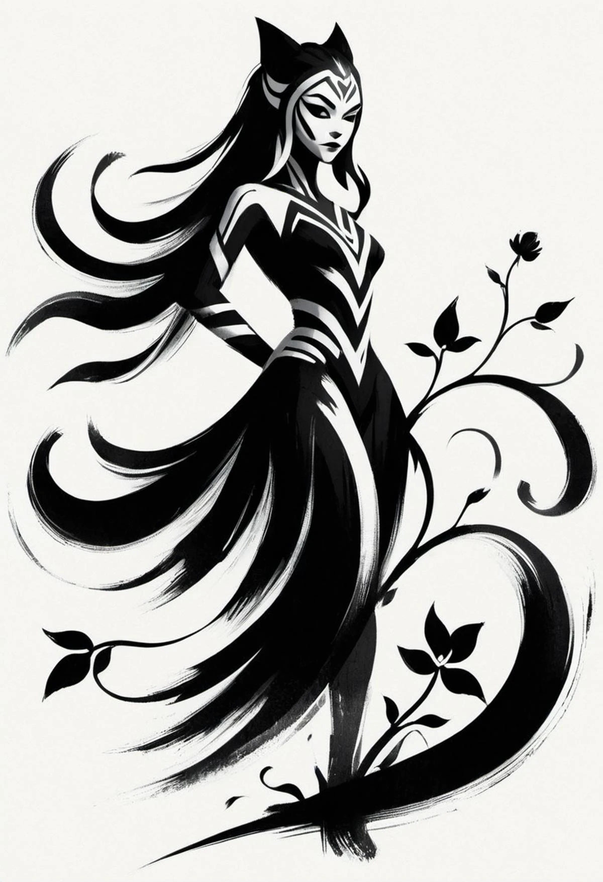 ShodoShuji-Swipe, (brush strokes:1.1), silhouette of Ahsoka Tano with long hair flowing in swirls, black and white,flower, dress, from side, vines, simple background, long hair, full body, black and white background, silhouette