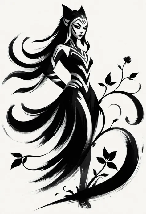 
ShodoShuji-Swipe, (brush strokes:1.1), silhouette of Ahsoka Tano with long hair flowing in swirls, black and white,flower, dress, from side, vines, simple background, long hair, full body, black and white background, silhouette