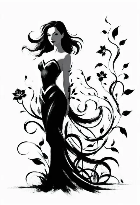 ShodoShuji-Swipe, (brush strokes:1.1), silhouette of Chyler Leigh with long hair flowing in swirls, black and white,flower, dress, from side, vines, simple background, long hair, full body, black and white background, silhouette