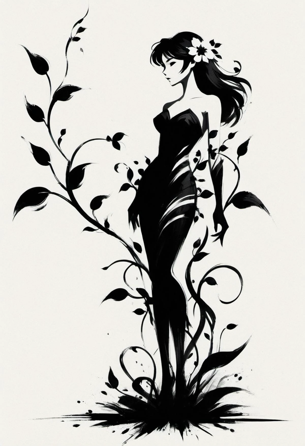 ShodoShuji-Swipe, (brush strokes:1.1), silhouette of Hanta Sero , black and white,flower, dress, from side, vines, simple background, long hair, full body, black and white background, silhouette