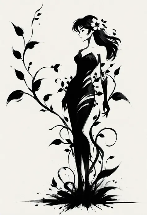 
ShodoShuji-Swipe, (brush strokes:1.1), silhouette of Hanta Sero , black and white,flower, dress, from side, vines, simple background, long hair, full body, black and white background, silhouette