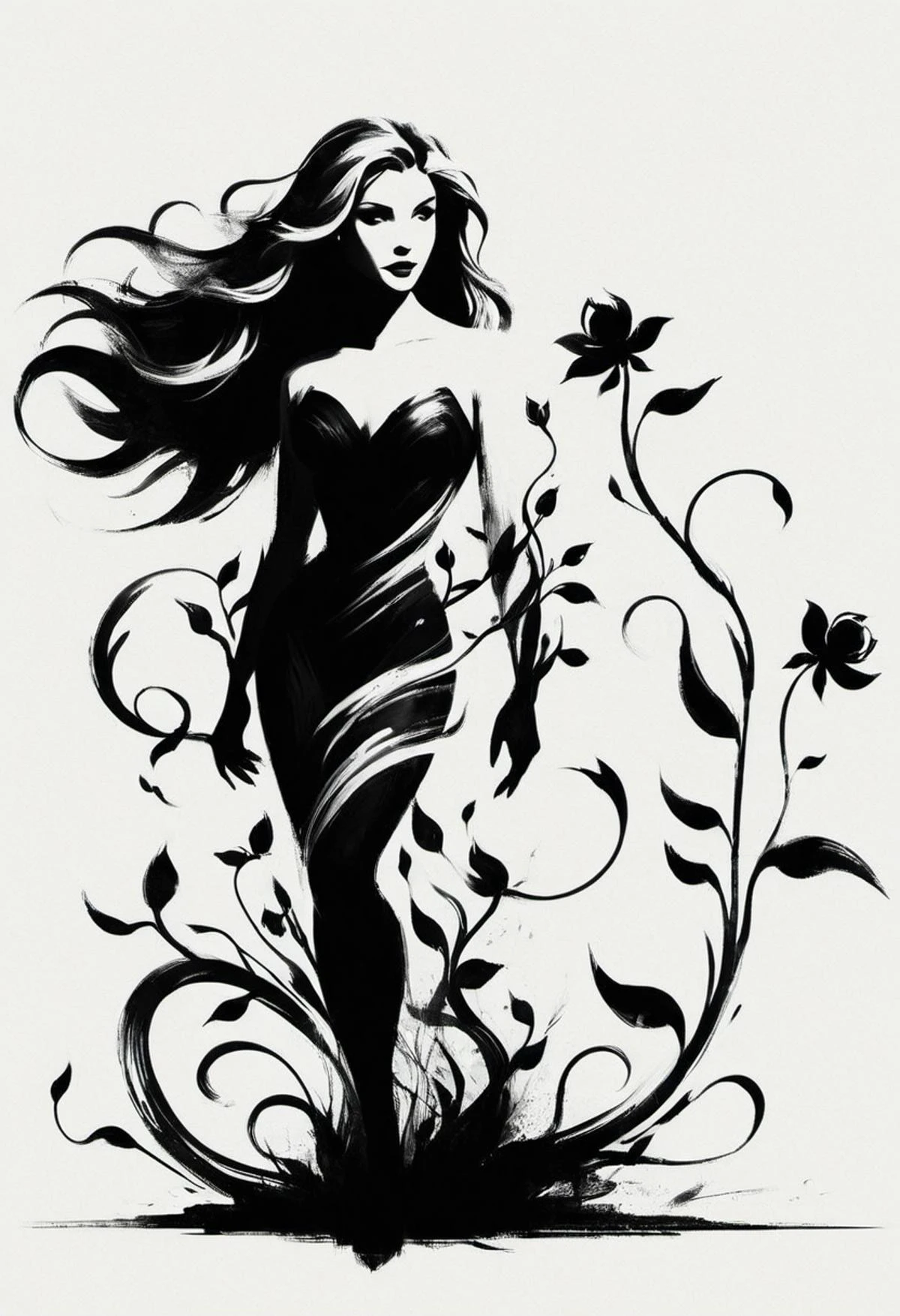 ShodoShuji-Swipe, (brush strokes:1.1), silhouette of Katee Sackhoff with long hair flowing in swirls, black and white,flower, dress, from side, vines, simple background, long hair, full body, black and white background, silhouette