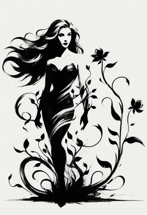 
ShodoShuji-Swipe, (brush strokes:1.1), silhouette of Katee Sackhoff with long hair flowing in swirls, black and white,flower, dress, from side, vines, simple background, long hair, full body, black and white background, silhouette