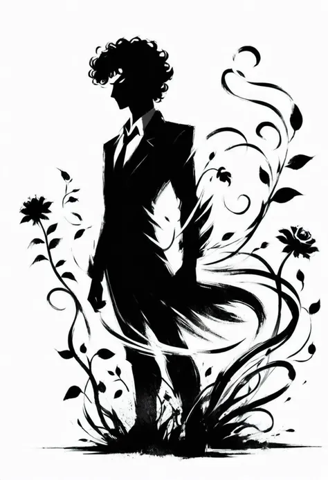 
ShodoShuji-Swipe, (brush strokes:1.1), silhouette of Spike Spiegel with long hair flowing in swirls, black and white,flower, dress, from side, vines, simple background, long hair, full body, black and white background, silhouette