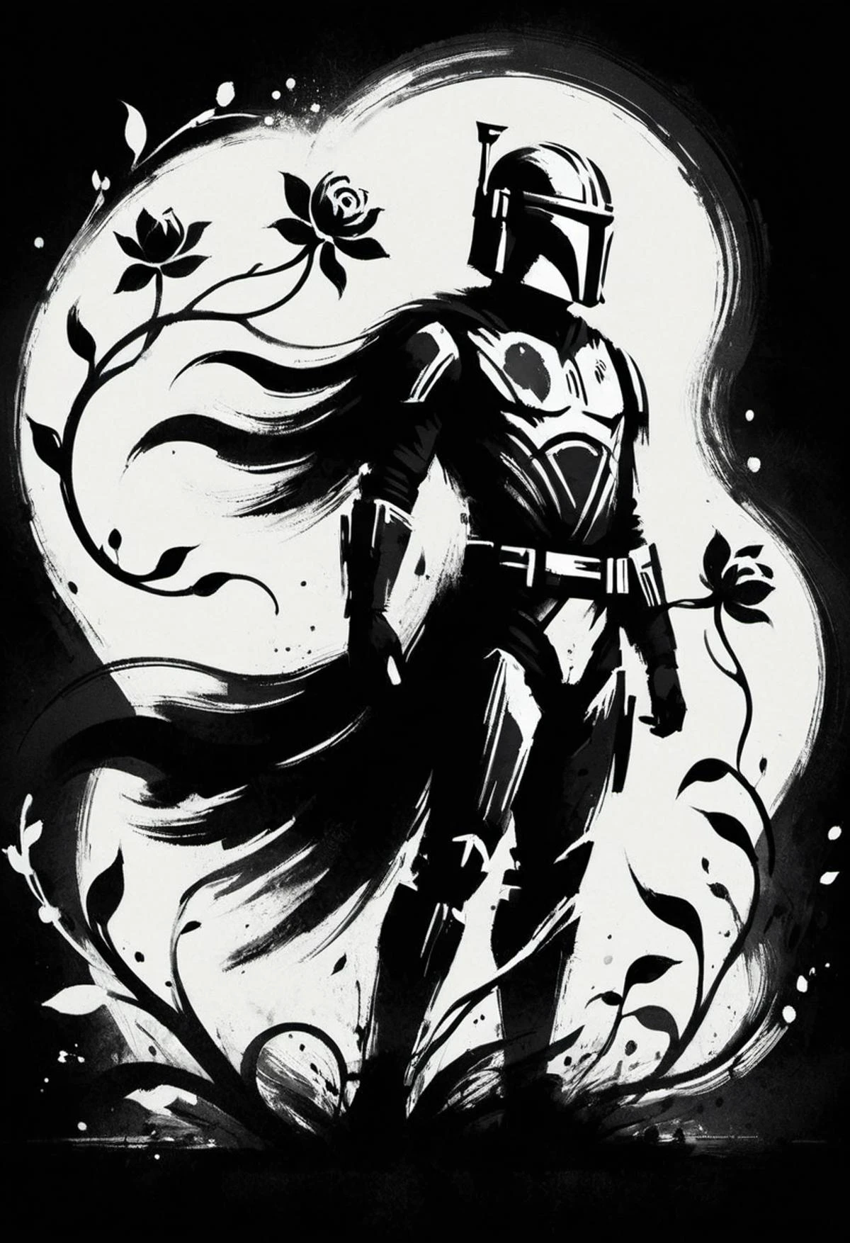 ShodoShuji-Swipe, (brush strokes:1.1), silhouette of The Mandalorian with long hair flowing in swirls, black and white,flower, dress, from side, vines, simple background, long hair, full body, black and white background, silhouette