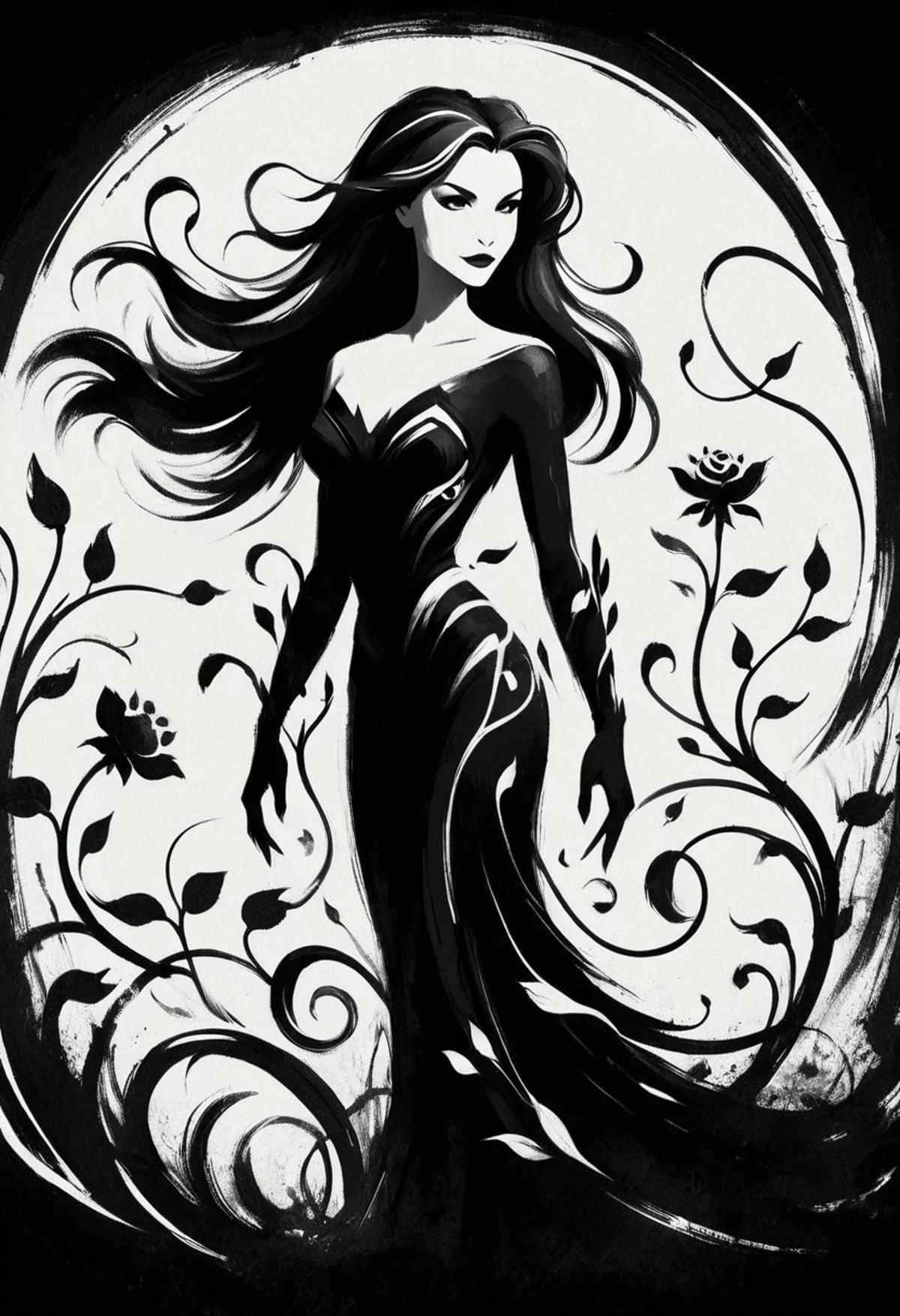 ShodoShuji-Swipe, (brush strokes:1.1), silhouette of Young Gates McFadden with long hair flowing in swirls, black and white,flower, dress, from side, vines, simple background, long hair, full body, black and white background, silhouette