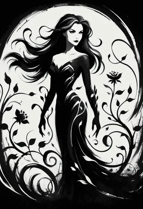 
ShodoShuji-Swipe, (brush strokes:1.1), silhouette of Young Gates McFadden with long hair flowing in swirls, black and white,flower, dress, from side, vines, simple background, long hair, full body, black and white background, silhouette