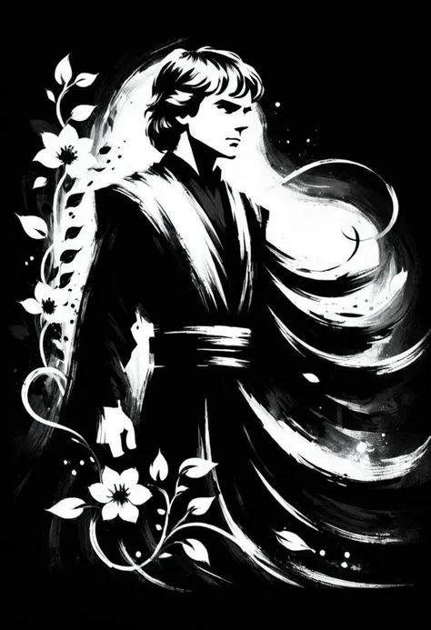 
ShodoShuji-Swipe, (brush strokes:1.1), silhouette of Luke Skywalker with long hair flowing in swirls, black and white,flower, dress, from side, vines, simple background, long hair, full body, black and white background, silhouette