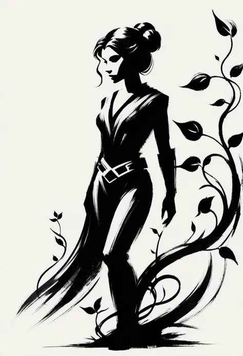 ShodoShuji-Swipe, (brush strokes:1.1), silhouette of Leia Solo , black and white,from side, vines, simple background, long hair, full body, black and white background, silhouette
