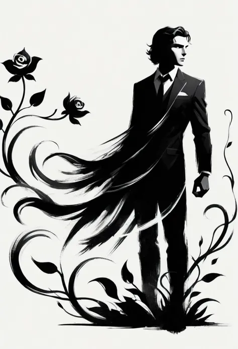 ShodoShuji-Swipe, (brush strokes:1.1), silhouette of Tom Holland with long hair flowing in swirls, black and white,flower, dress, from side, vines, simple background, long hair, full body, black and white background, silhouette