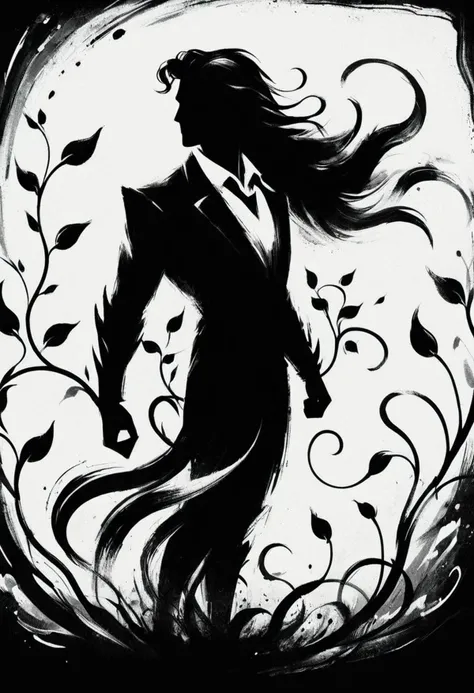 ShodoShuji-Swipe, (brush strokes:1.1), silhouette of Rick Gonzalez with long hair flowing in swirls, black and white,flower, dress, from side, vines, simple background, long hair, full body, black and white background, silhouette