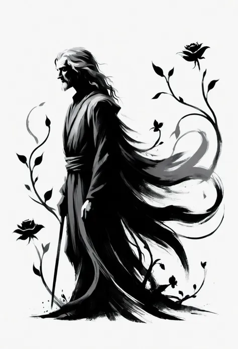 ShodoShuji-Swipe, (brush strokes:1.1), silhouette of Gandalf the Grey with long hair flowing in swirls, black and white,flower, dress, from side, vines, simple background, long hair, full body, black and white background, silhouette