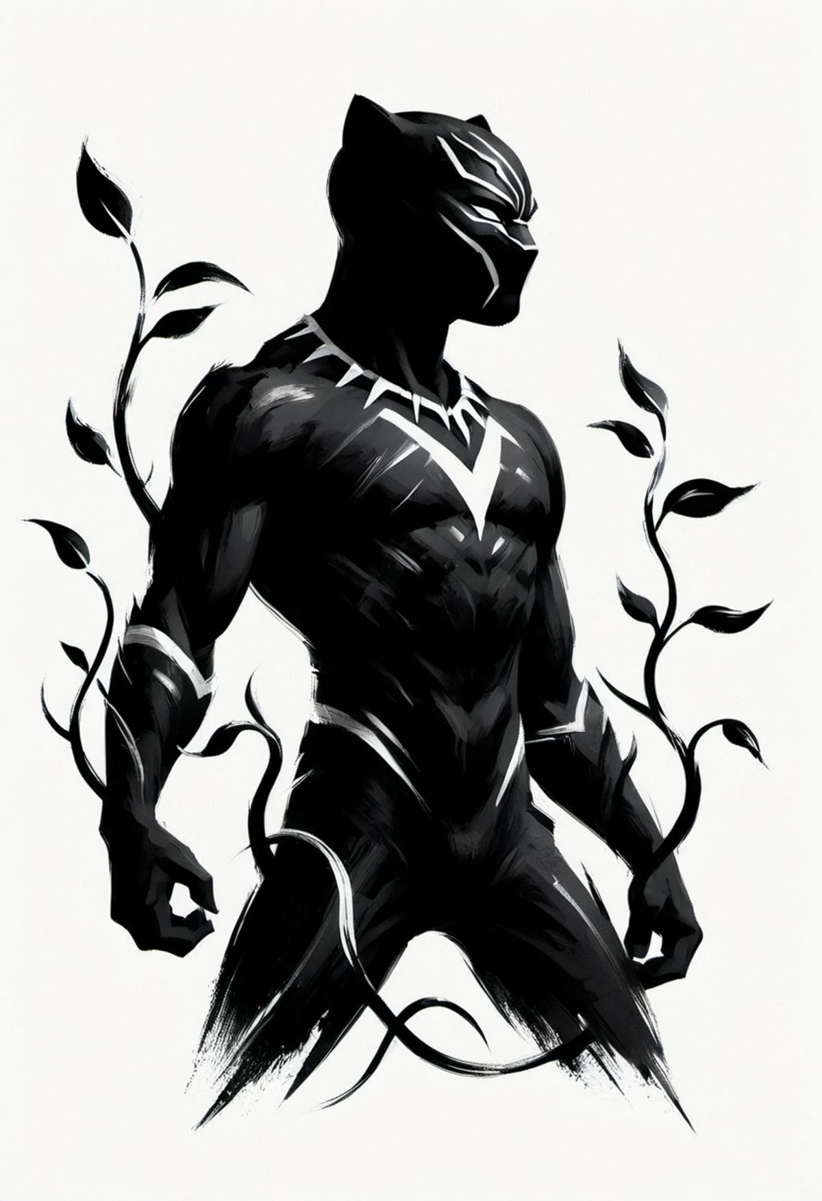 ShodoShuji-Swipe, (brush strokes:1.1), silhouette of Black Panther , black and white,from side, vines, simple background, long hair, full body, black and white background, silhouette
