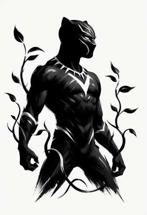 
ShodoShuji-Swipe, (brush strokes:1.1), silhouette of Black Panther , black and white,from side, vines, simple background, long hair, full body, black and white background, silhouette