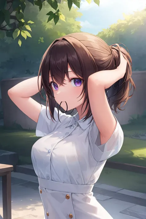 ((((ultra illustrated style:1.0)))),best quality,best animated,masterpiece,ray tracing, global illumination,hair tie in mouth,1girl, solo, upper body, looking at viewer, outdoors,hands in hair, <lora:hair tie in mouth:0.8>