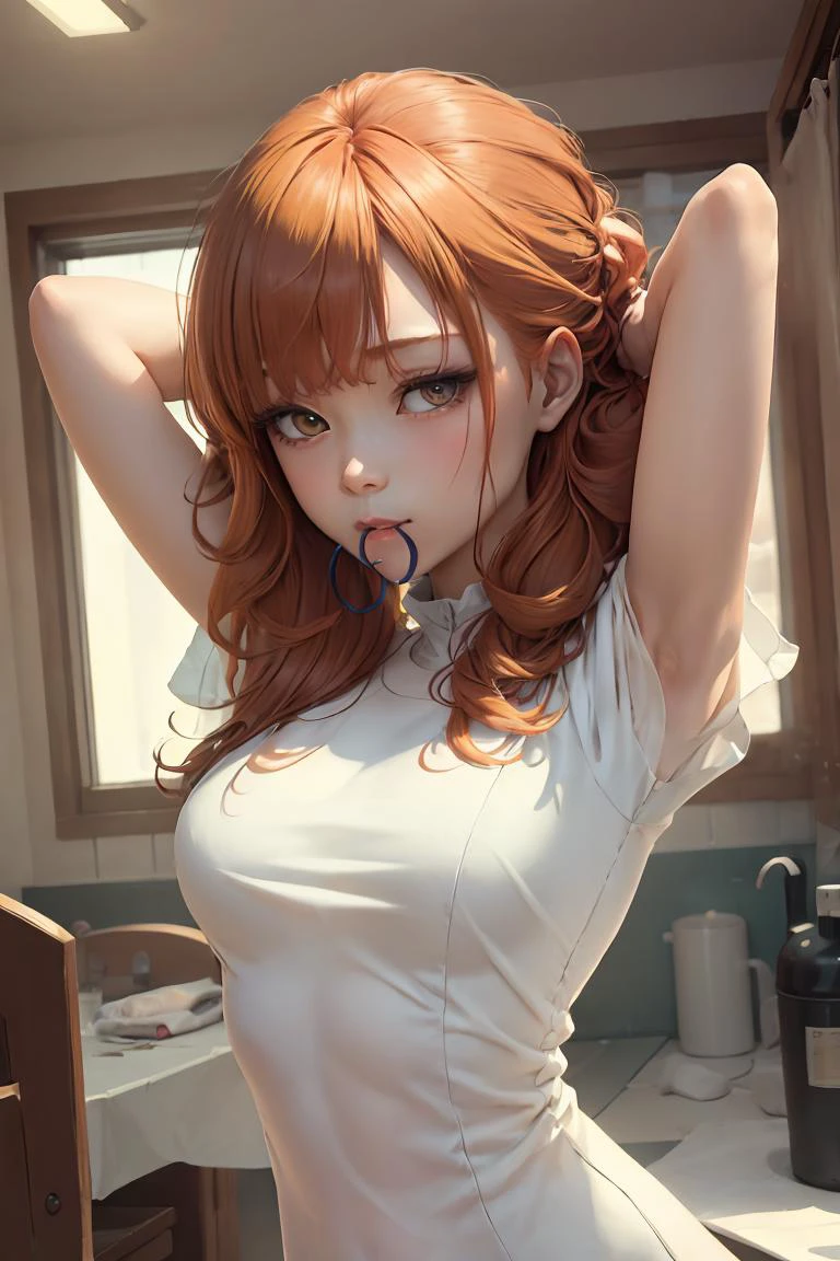 (masterpiece, best quality), 1girl, beautiful face, <lora:hair tie in mouth:1> hair tie in mouth, red hair, arms behind head