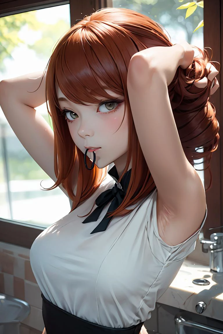 (masterpiece, best quality), 1girl, beautiful face, <lora:hair tie in mouth:1> hair tie in mouth, red hair, arms behind head