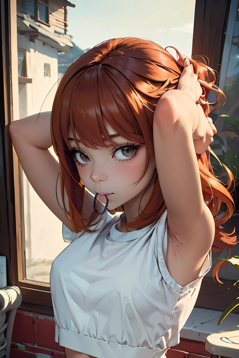 (masterpiece, best quality), 1girl, beautiful face, <lora:hair tie in mouth:1> hair tie in mouth, red hair, arms behind head