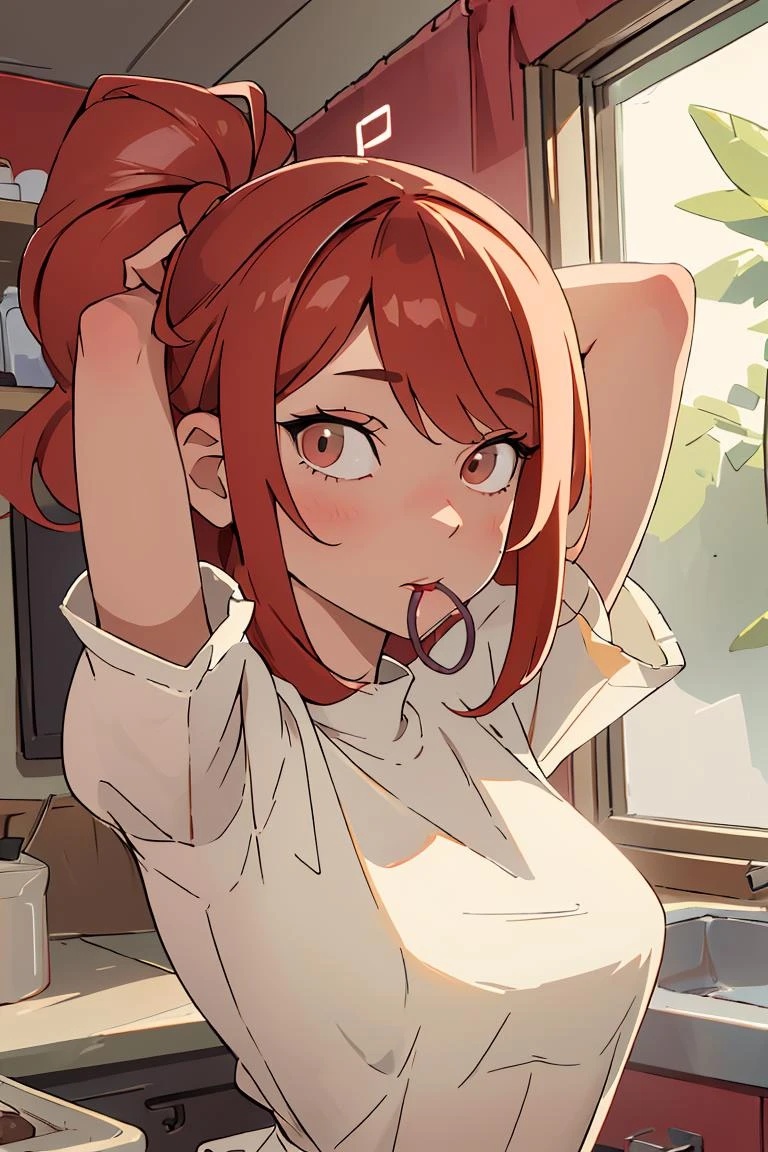 (masterpiece, best quality), 1girl, beautiful face, <lora:hair tie in mouth:1> hair tie in mouth, red hair, arms behind head