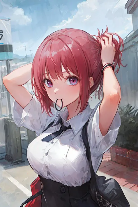 ((((ultra illustrated style:1.0)))),best quality,best animated,masterpiece,ray tracing, global illumination,hair tie in mouth,head,1girl, solo, upper body, looking at viewer, outdoors,hands in hair, <lora:hair tie in mouth:0.7> <lora:Hoshizaki Ao_07:0.5>
