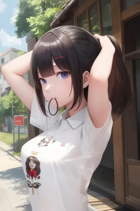 standing,looking ahead,from above,side view,face focus,open mouth,tongue out,(1girl,Beautiful 14 year old girl),((Slender,Small breasts,Baby Face,Small face,)),looking at viewer,Black Hair,bangs,two side up,oollarbone,ollarbone,black t-shirt,off-shoulder look,Black and red checkered short skirt,Mischievous smile,Dimly lit room,Simple Background,Gray background,Low lighting