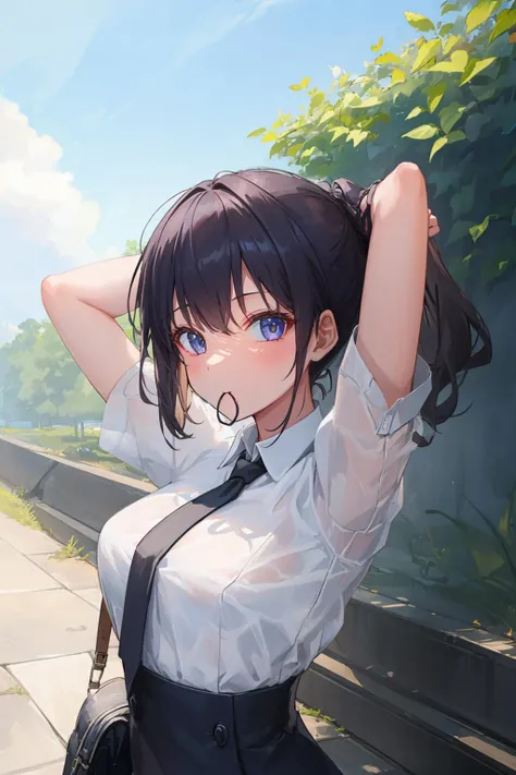 ((((ultra illustrated style:1.0)))),best quality,best animated,masterpiece,ray tracing, global illumination,hair tie in mouth,1girl, solo, upper body, looking at viewer, outdoors <lora:hair tie in mouth:0.8>