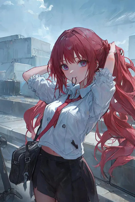 ((((ultra illustrated style:1.0)))),best quality,best animated,masterpiece,ray tracing, global illumination,hair tie in mouth,1girl, solo, upper body, looking at viewer, outdoors <lora:hair tie in mouth:0.9> <lora:Hoshizaki Ao_07:0.5>