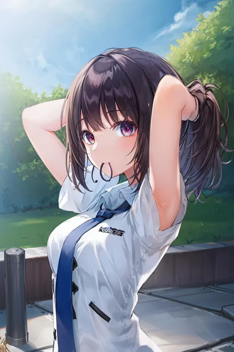 NSFW,Girl playing in the river,high school student,Japanese,((See-through shirt, uniform),17 years old, black hair ,no good,medium breast,