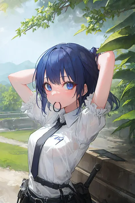 ((((ultra illustrated style:1.0)))),best quality,best animated,masterpiece,ray tracing, global illumination,hair tie in mouth,1girl, solo, upper body, looking at viewer, outdoors <lora:hair tie in mouth:1>