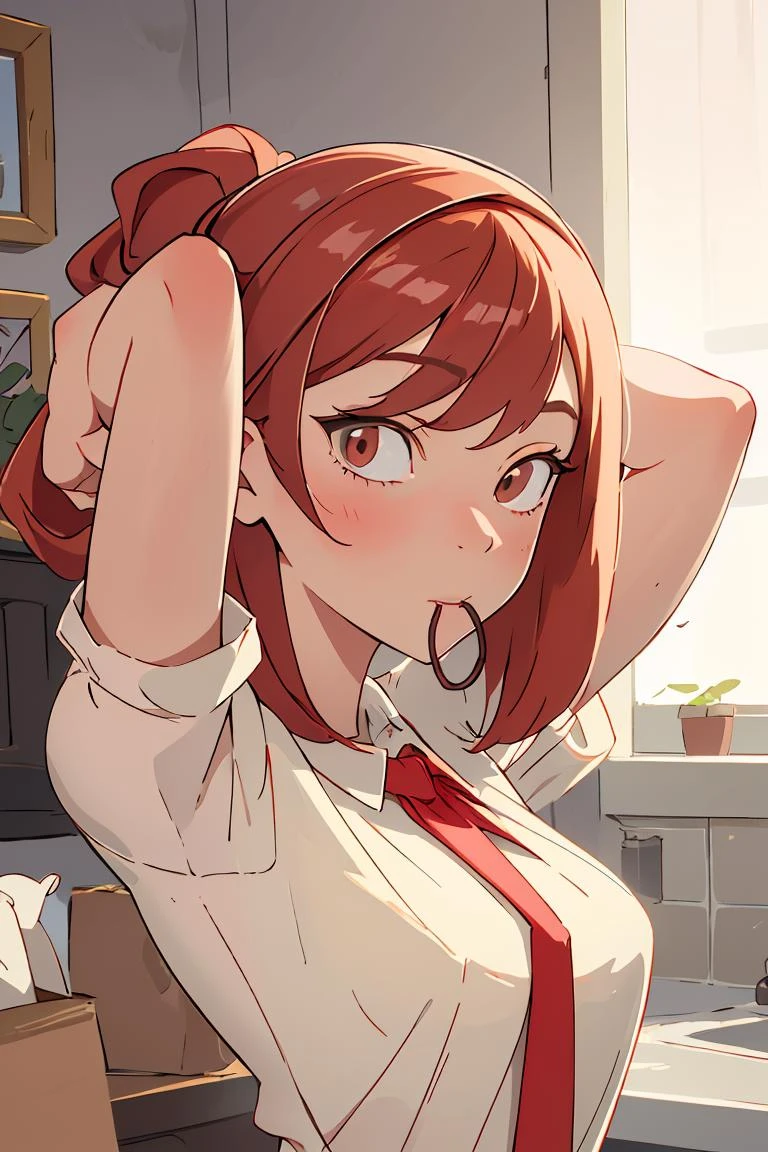 (masterpiece, best quality), 1girl, beautiful face, <lora:hair tie in mouth:1> hair tie in mouth, red hair, arms behind head