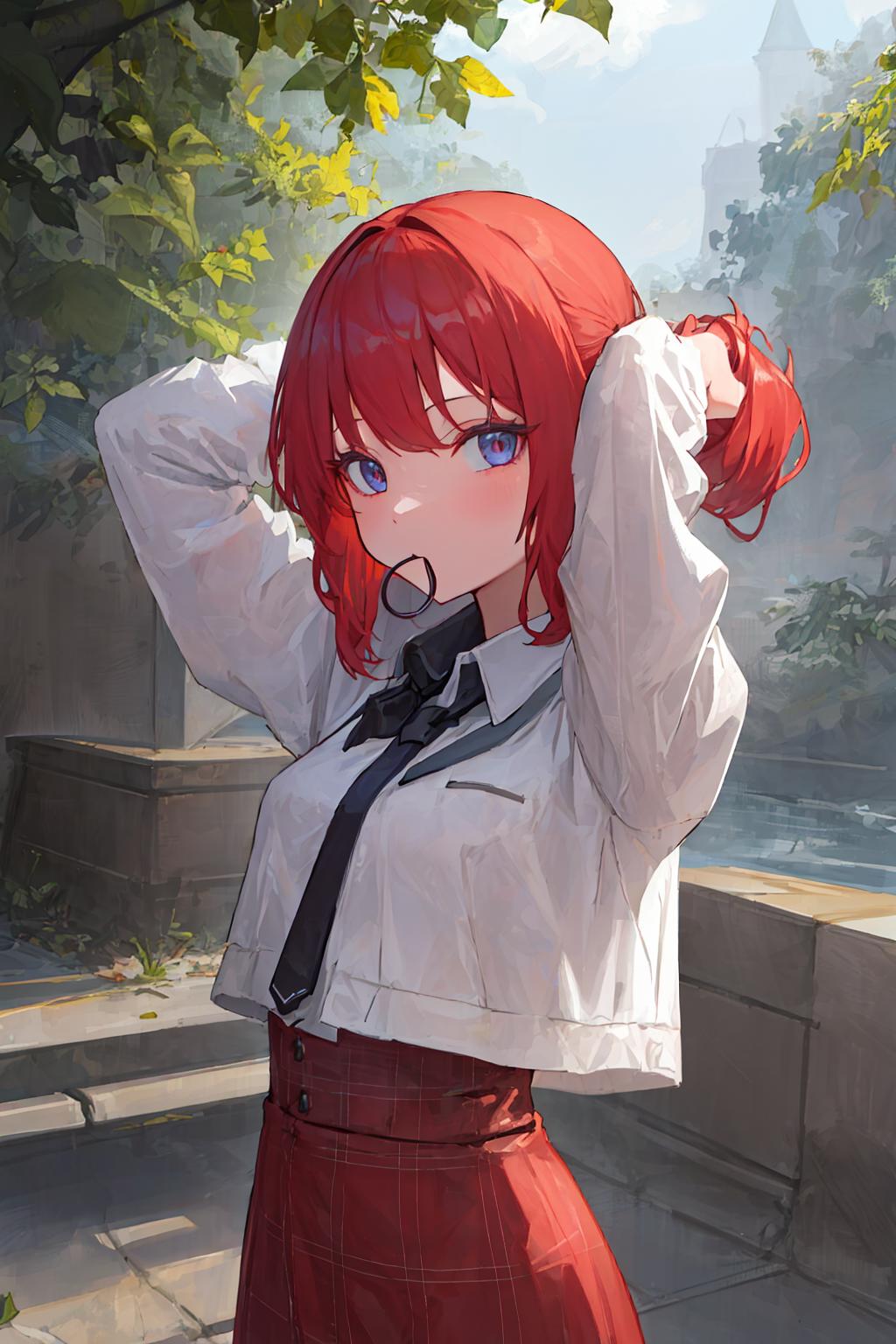 Anime girl with red hair and white shirt and tie posing - SeaArt AI