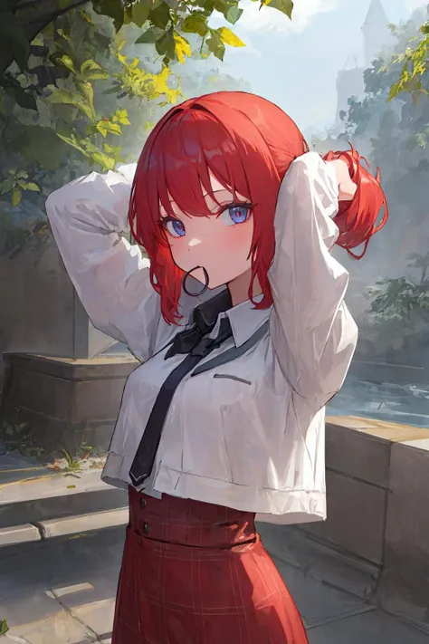 young woman 18 years old, college, red mini skirt, white mini blouse with button neckline, short red hair, blue colored eyes, medium sized breasts, accentuated hip, thick thighs, white pantyhose, glasses