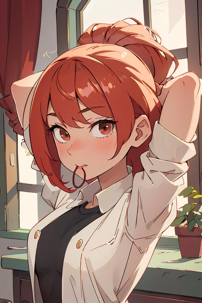 (masterpiece, best quality), 1girl, beautiful face, <lora:hair tie in mouth:1> hair tie in mouth, red hair, arms behind head