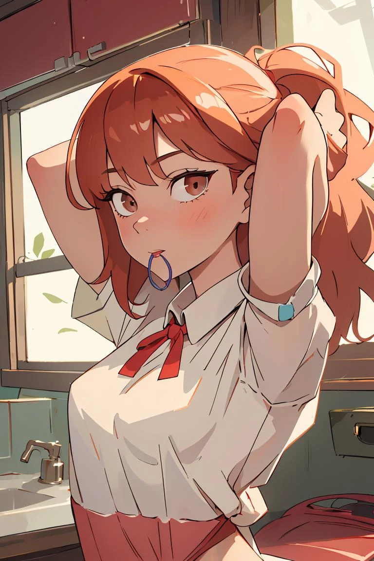 (masterpiece, best quality), 1girl, beautiful face, <lora:hair tie in mouth:1> hair tie in mouth, red hair, arms behind head