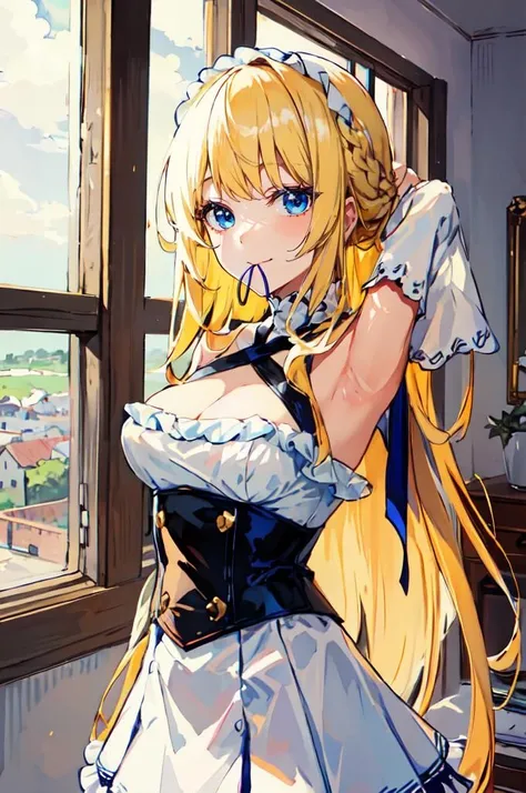 <lora:hair tie in mouth:0.75> hair tie in mouth,, ultra detailed, masterpiece, best quality, solo, soft smile, light smile,
1girl, blue eyes, very long hair, blonde hair, long blonde hair, french braid, bangs, medium breasts,
hair ribbon, frilled choker, criss-cross halter, sleeveless dress, high-waist skirt, backless dress, waist bow, detached sleeves, frilled sleeves, wide sleeves, pantyhose, patterned legwear, mary janes,