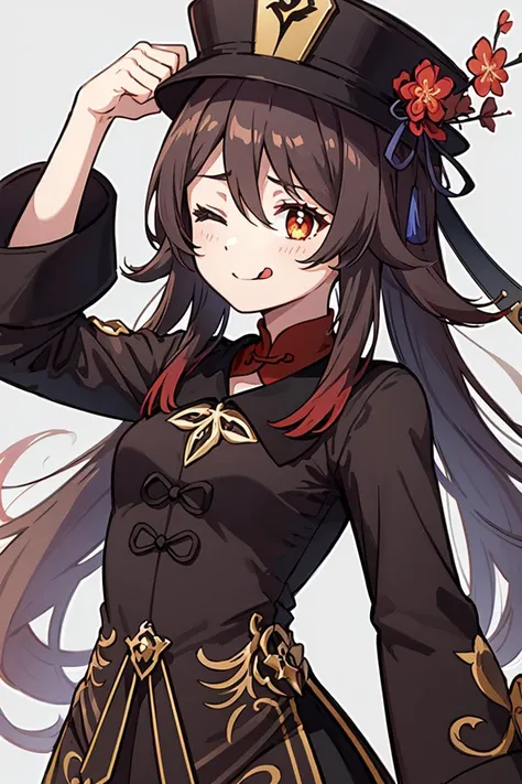 Highly detailed, High Quality, masterpiece, <lora:hutao1:0.9> hutaodef, ((small breasts)), <lora:teehee:0.8> tehepero, dojikko pose, arm up, licking lips, one eye closed, ;q, >_o, clenched hand