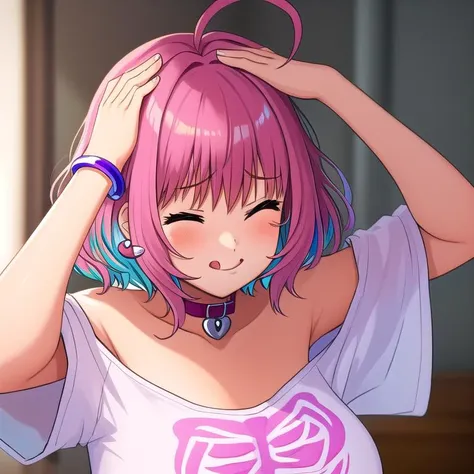 1girl, yumemi riamu, arms up, licking lips, eyes closed, ah eto... bleh \(meme\), hands on head, :q, white shirt, off-shoulder, large breasts, (skeleton print:1), heart-shaped lock, choker, pill earrings, bangle, ahoge, indoors, solo
<lora:teehee-10n:0.9> <lyco:yumemi_riamu-v1:0.9>