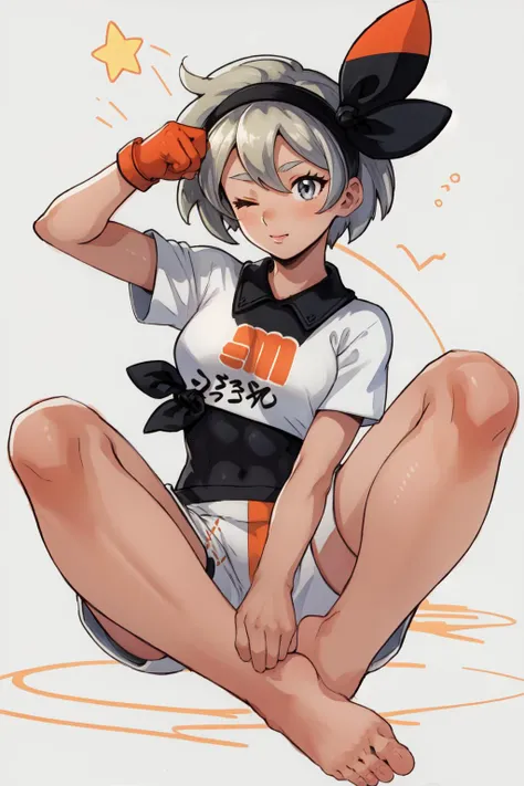 (masterpiece, best quality), intricate details,
1girl, <lora:SaitouV1:0.8> bea \(pokemon\), bow hairband, print shirt, tied shirt, black bodysuit, bodysuit under clothes, single glove, print shorts, knee pads, barefoot
<lora:teehee:1> tehepero, dojikko pose, arm up, licking lips, one eye closed, ;q, >_o, star \(symbol\), clenched hand,