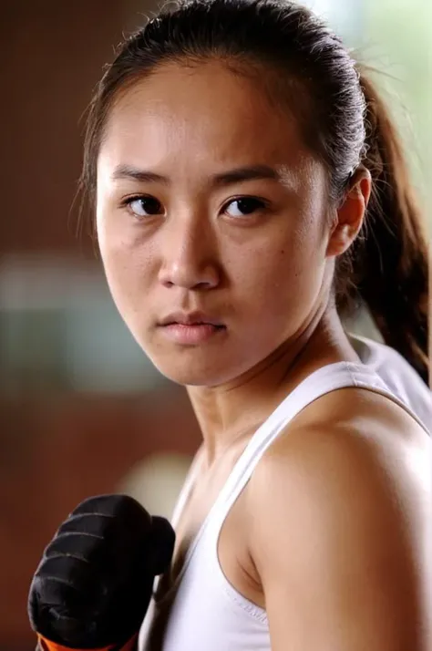 photograph close up portrait of 22yo asian woman Kickboxing training, fist , serious, stoic cinematic 4k epic detailed photograph shot on kodak detailed bokeh