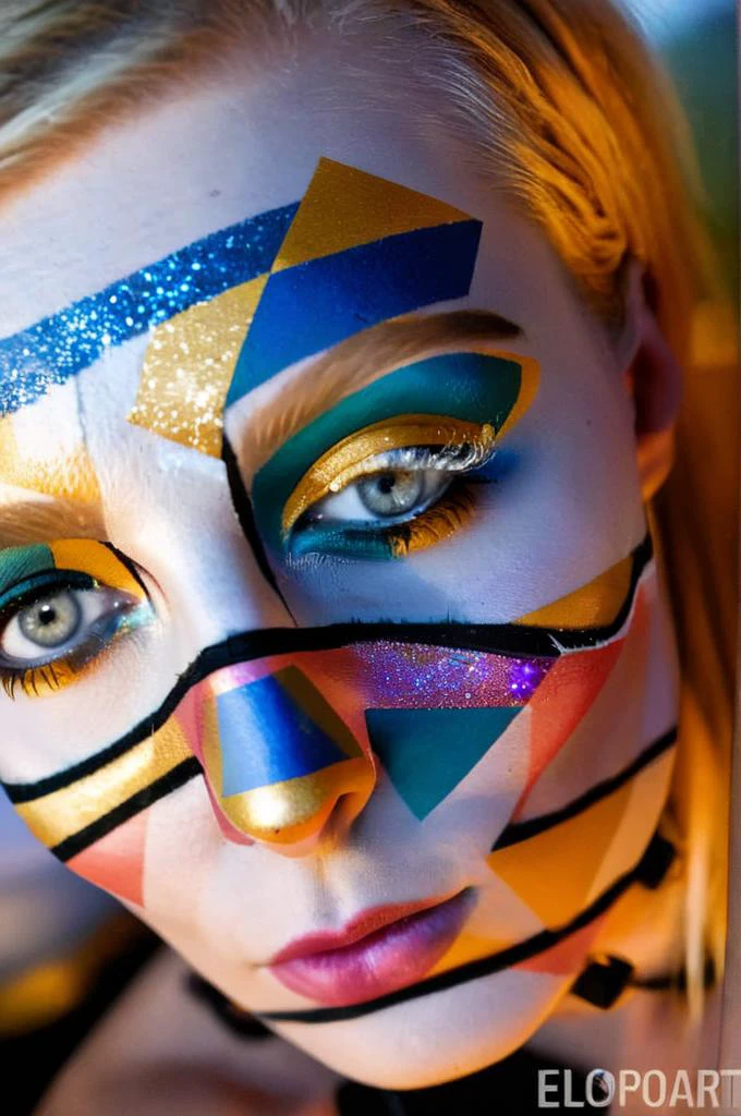 close up photo portrait of blond haired and grey eyed (woman) watches me, <lora:artmakeup_bit_winks_v3:1> style \(artistic full face makeup with painted colored geometric shapes and lines and glitter\)