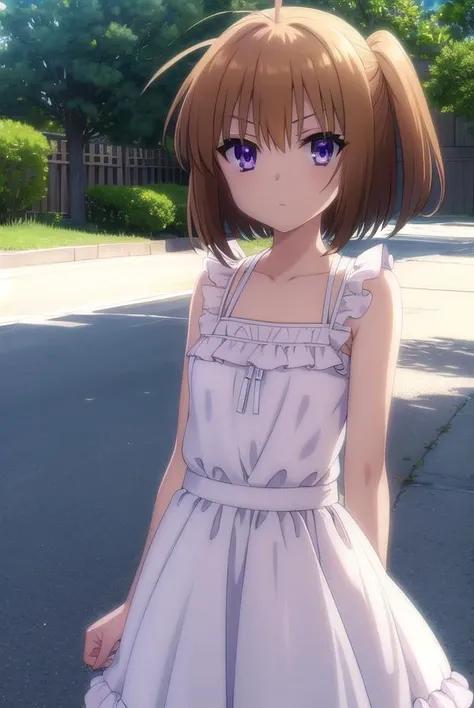 korewaharuna, <lora:korewa haruna s2-lora-nochekaiser:1>,
haruna, short hair, brown hair, (purple eyes:1.1), ahoge, hair ornament, x hair ornament,
BREAK dress, collarbone, frills, bow, sleeveless, bare arms,
BREAK outdoors,
BREAK looking at viewer, (cowboy shot:1.5),
BREAK <lyco:GoodHands-beta2:1>, (masterpiece:1.2), best quality, high resolution, unity 8k wallpaper, (illustration:0.8), (beautiful detailed eyes:1.6), extremely detailed face, perfect lighting, extremely detailed CG, (perfect hands, perfect anatomy),