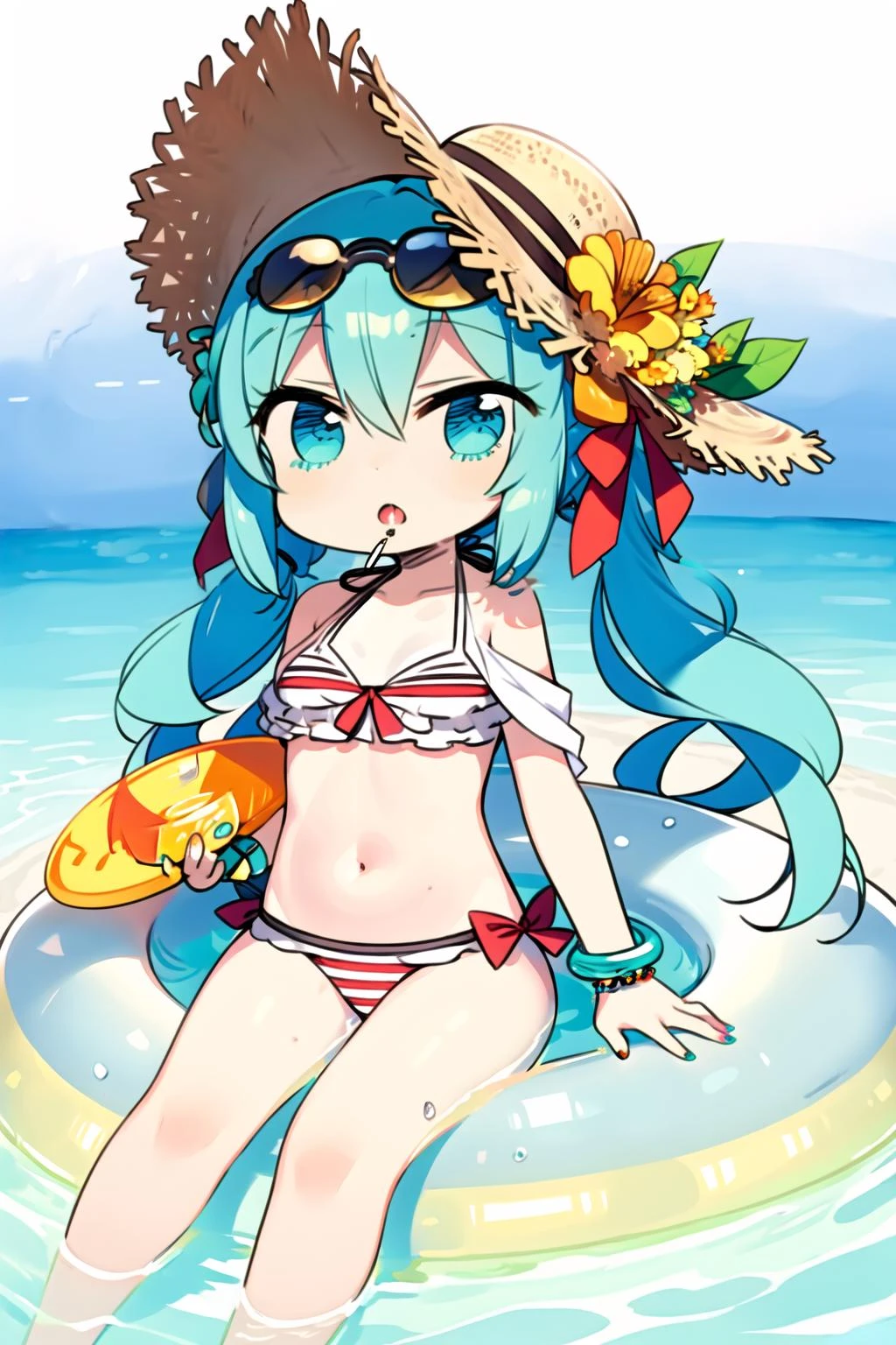 <lora:chanco:1>, 1girl, solo, innertube, swimsuit, bikini, hat, flower, twintails, navel, cup, sunglasses, holding, jewelry, striped, bracelet, shirt, fruit, ribbon, hibiscus, food, :o, water, bangs, collarbone, see-through, drink, reclining, halterneck, stomach, midriff, sitting, long hair, straw hat, looking at viewer, aqua hair, very long hair, hat flower, aqua eyes, striped bikini, holding cup, drinking glass, eyewear on head, open mouth, white shirt, drinking straw, sun hat, hair ribbon, nail polish, white flower, off shoulder, orange \(fruit\), orange slice, hair between eyes