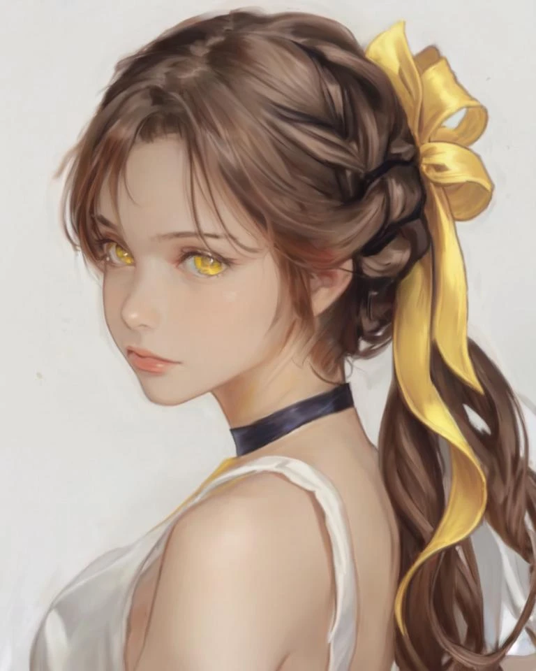 dal, (realistic:1.3), (intricate detail:1.2), 1girl, solo, yellow eyes, long hair, braid, half updo, ribbon, hair ribbon, looking at viewer, looking back, brown hair, white background, closed mouth, dynamic pose, dollar bill theme,